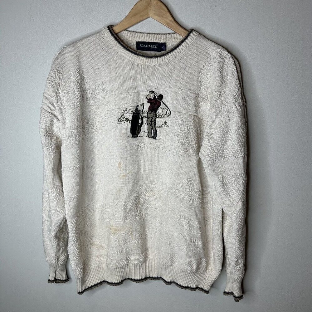 Carmel Men's Vintage Collector Sweater Size Large White 100% Cotton USA‎